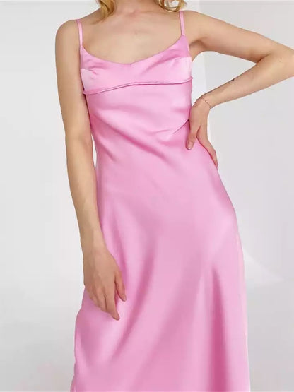 Women Hollow Out Satin Dress Sexy Backless Female Dresses