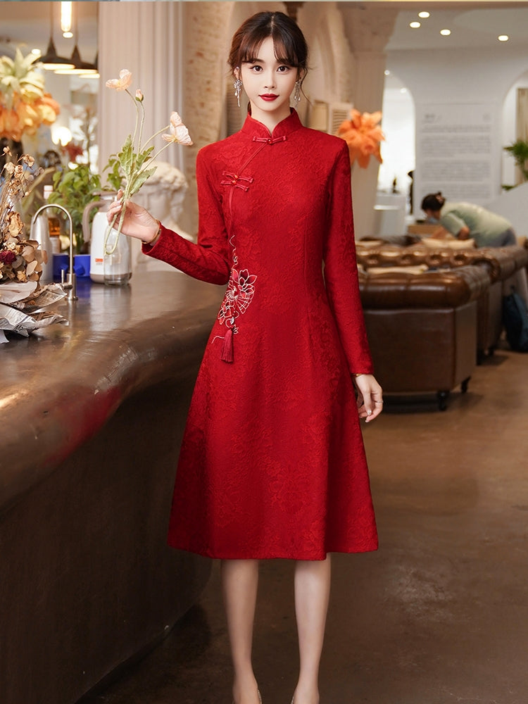 Chinese Style Dress Slimming Long Sleeves Red Cheongsam