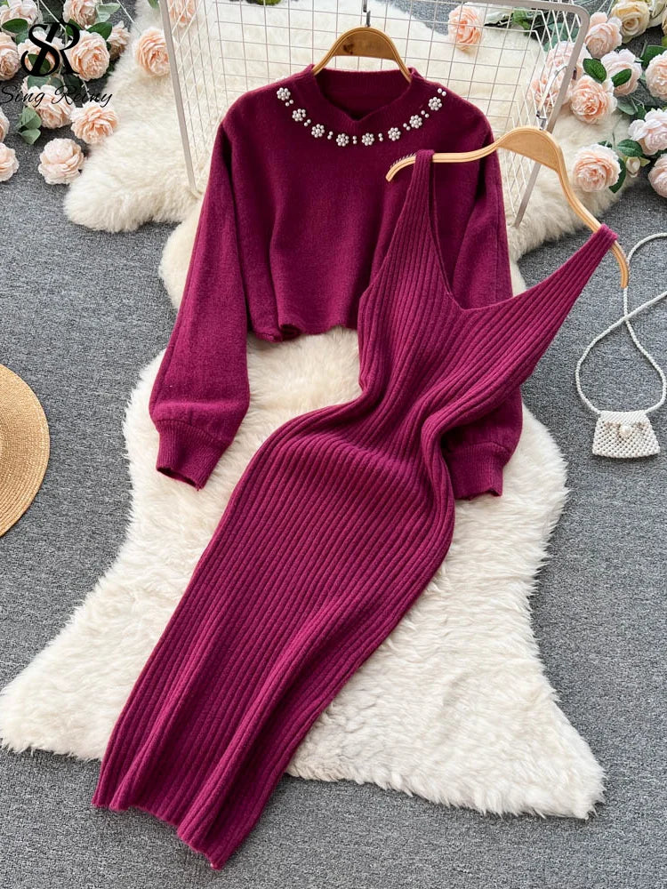 SINGREINY Winter Women Knitted Sets Fashion Breading Long Sleeve Pearl Sweater+Knitted Camis Dress Sets Fashion Sweater Suits