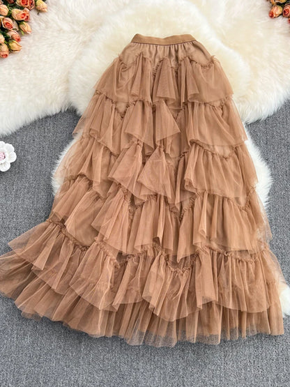 TIGENA Tutu Tulle Long Skirts Womens 2023 Autumn Korean Solid A Line High Waist Mesh Tiered Maxi Skirt Female Faldas Aesthetic