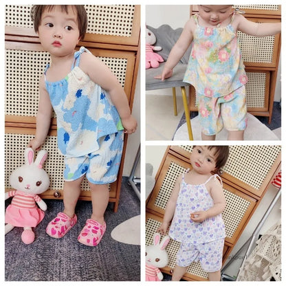 Girl's Clothing Sets 2024 Summer Fashion Girl Set Children Pastoral Floral Print Strap with Oil Painting Style Fresh Set