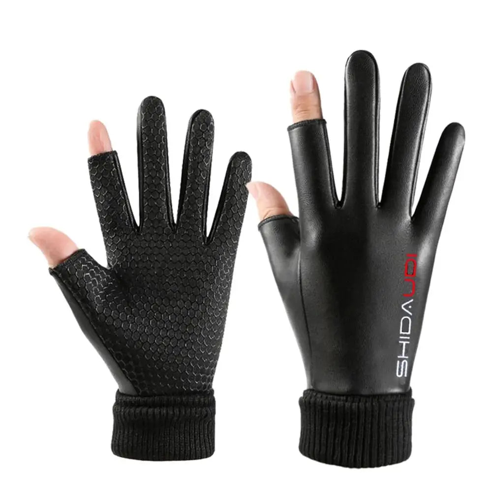 Men Leather Gloves Warm Thermal Fleece Leather Gloves Windproof Ski Snow Snowboard Touch Thick Plush Gloves Riding Gloves