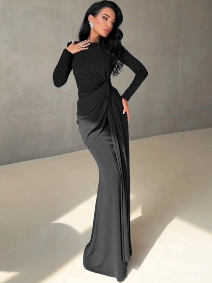 Dulzura Long Sleeves Shoulder Pad Ruched Maxi Dress Solid Elegant Prom Evening Party Long Dress Women’S Autumn Winter Outfit