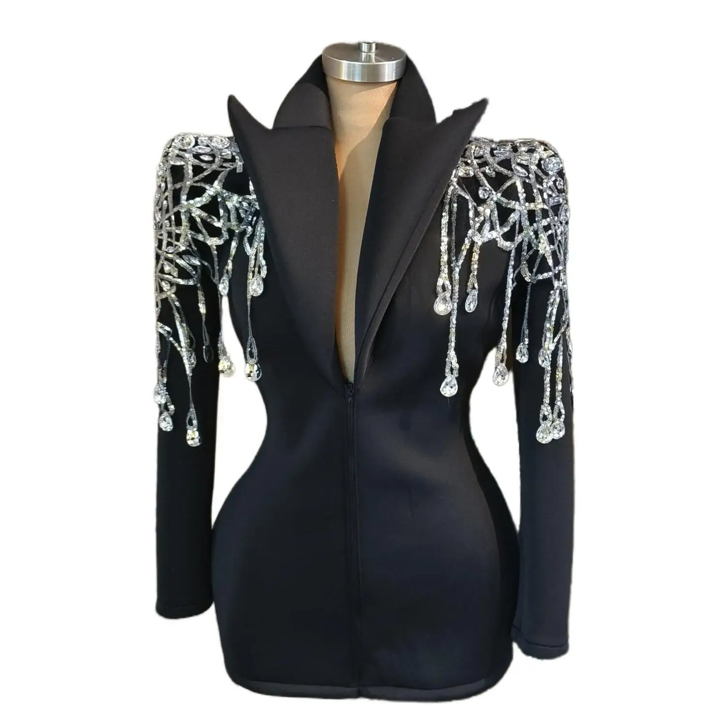 Luxury Rhinestones Suit Women Jazz Dancer Performance Costume Black Fashion Nightclub Party Stage Dress Mini Cocktail Dress