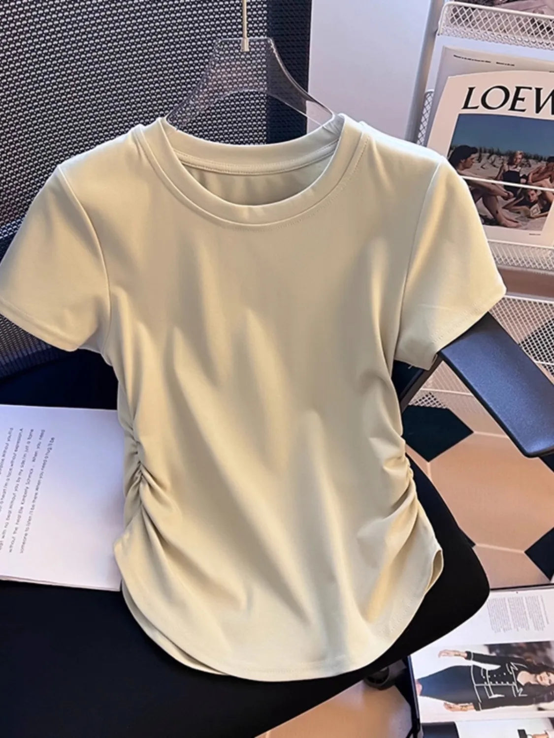 Cotton Short-sleeved T-shirt Female Summer New Round Neck Commuter Pleated Waist Thin Korean Version of The Top S-3XL