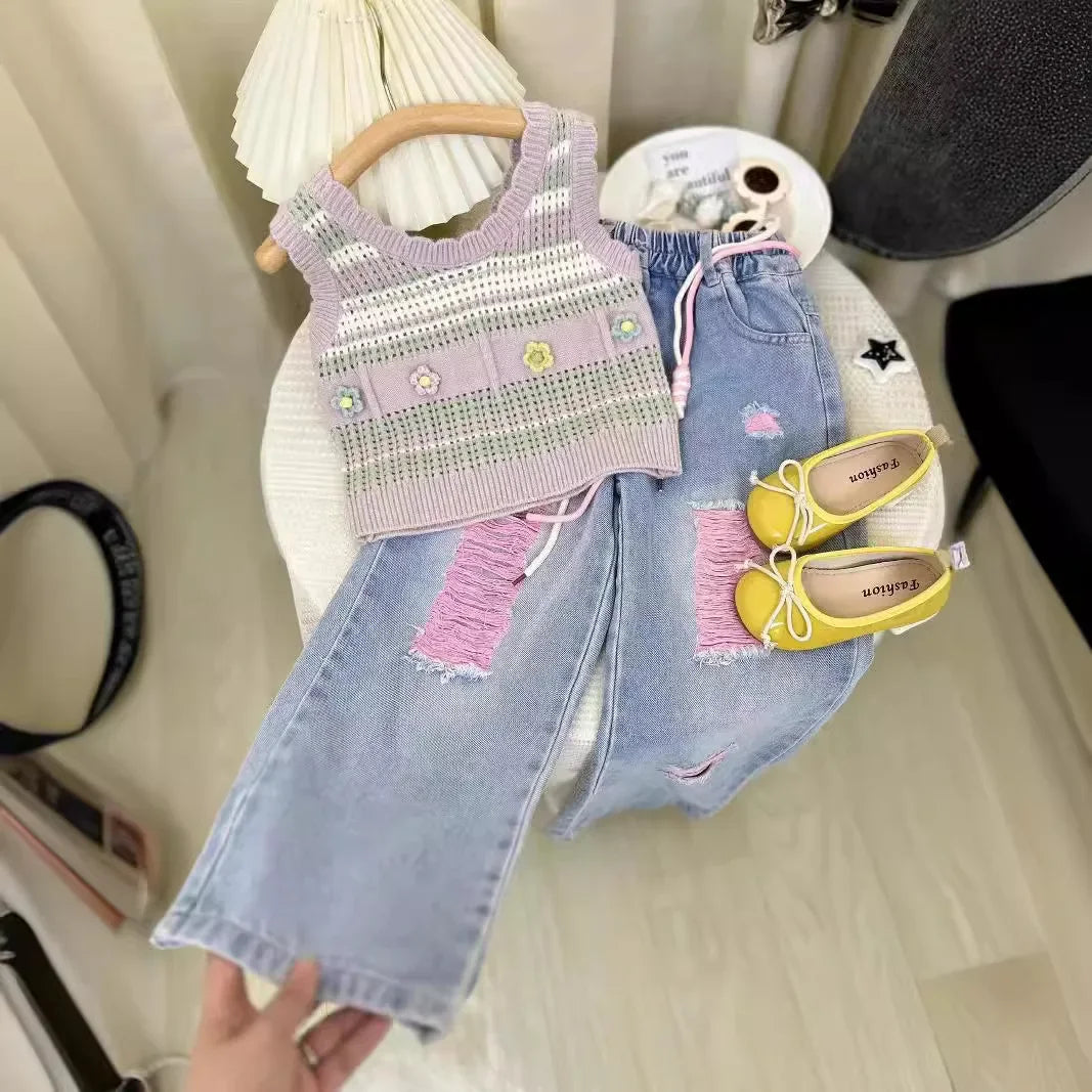 Children's Clothing Sets Three-dimensional Flower Knitted Striped Tank Top + Ripped Jeans Kids Clothes Girls for 3 To 7 Years