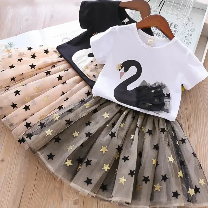 Kid Girl Clothes Cartoon Swan Lace T-shirt+Star Tulle Skirt 2Pcs Set Baby Outfit Casual Girls' Suit Fashion Two-Piece