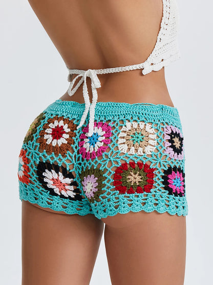 wsevypo Hollow Out Knit Crochet Shorts Women's Boho Summer Low Rise Drawstring Geometrical Floral Shorts Beach Cover-ups Bottoms