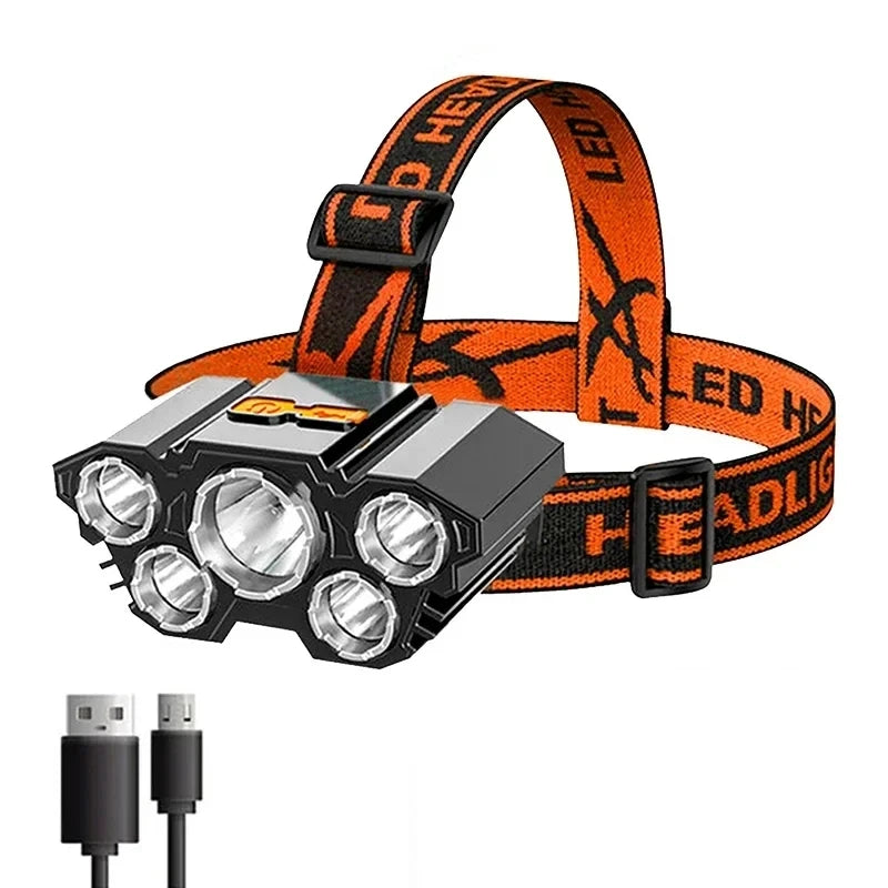 5 LED Flashlight Rechargeable with Built in 18650 Battery Strong Light Camping Adventure Fishing Head Light Headlamp