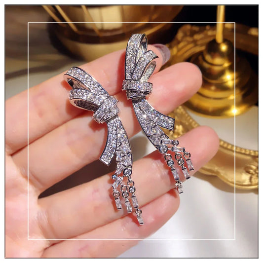 Super Flash Zircon Bow Tassel Pendant Long Earrings Female Temperament All-Match Silver Needle Crystal Earrings Jewelry Gift