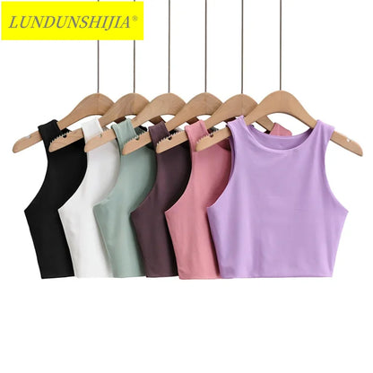 LUNDUNSHIJIA 2020 Summer Fashion Women Sexy Slim Tops O-neck Sleeveless Double Nylon Ladies Good Quality Tank Tops 6 Colors