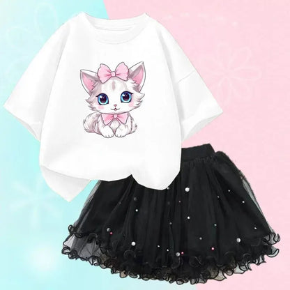 Cute Summer Girls Outfits Cartoon Cat T-shirt and Tutu Skirt 2pc/Set Girl Princess Clothes Suit Children Birthday Clothing