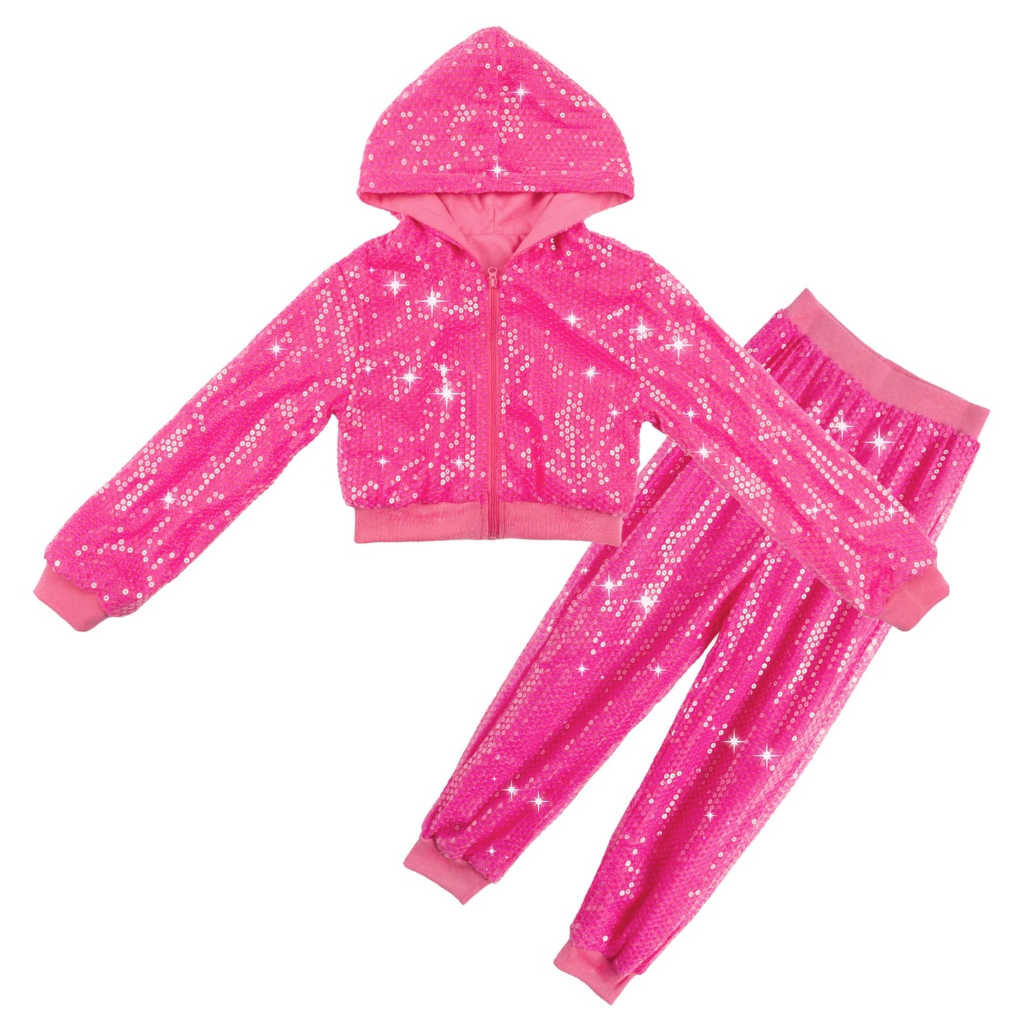 LOlanta 2Pcs Girls Sequin Hooded Jacket & Pants Set Kids Hip Hop Dance Clothing Theme Party Outfits for 5-12 Years