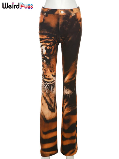 Weird Puss Tiger Print Flare Pants Women 2023 Y2K Summer Trend Skinny Elastic Wild Casual Streetwear Basic High Waist Trousers