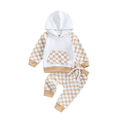 Citgeett Autumn Kids Girl Boys Outfit Set Plaid Long Sleeve Hoodie Pockets Elastic Waist Pants Spring Clothes