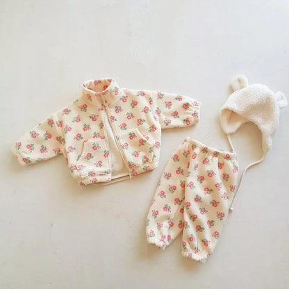 High Collar Floral Shirts Set For Baby Boy And Girl Thick Cotton Tops And Pants Monochrome Plus Velvet Warm For Kids Autumn