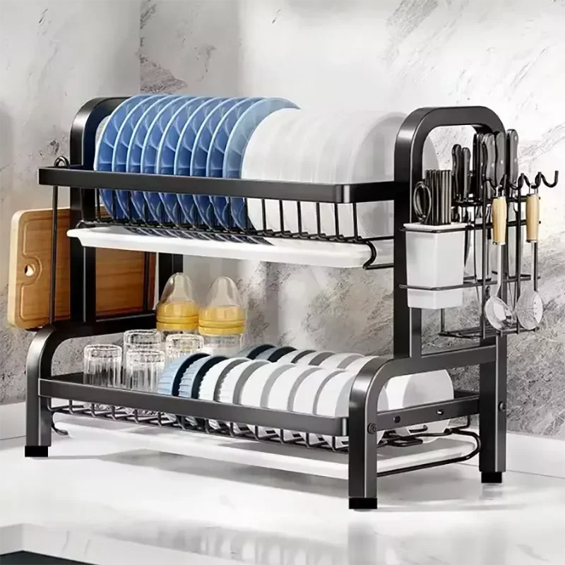 2025NEW Dish Drying Rack 2-Tier Compact Kitchen Dish Rack Drainboard Set Large Rust-Proof Dish Drainer with Utensil Holder