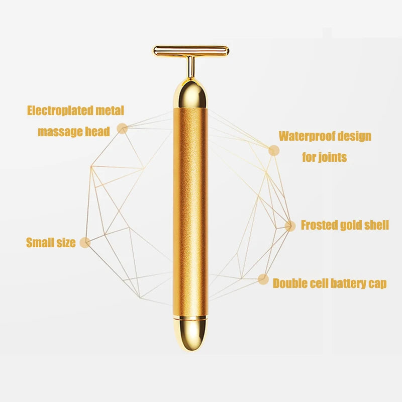 24K Gold Facial Slimming Massager T Shaped Vibrating Roller Skin Beauty Pulse Firming Face Massage Lift Tightening Wrinkle Bar