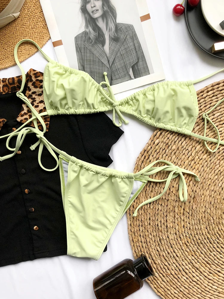 Pink Bathing Suit Women Sexy Bikini Suit Pleated Lace Up Swimwear Two-pieces Bow Tie Summer Thong Split Beach Wear Bathing