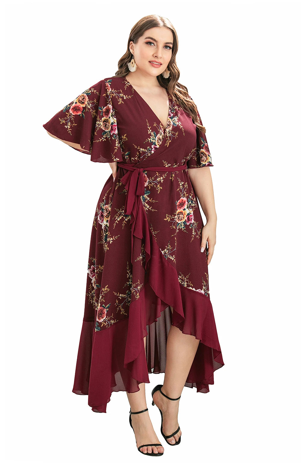 Plus Size Floral Print Maxi Long Bohemian Wrap Dresses For Women