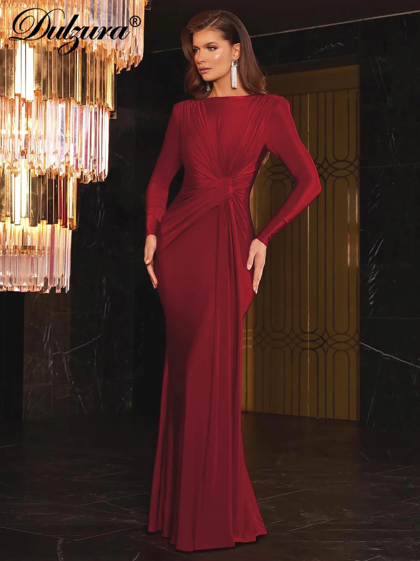 Dulzura Long Sleeves Shoulder Pad Ruched Maxi Dress Solid Elegant Prom Evening Party Long Dress Women’S Autumn Winter Outfit