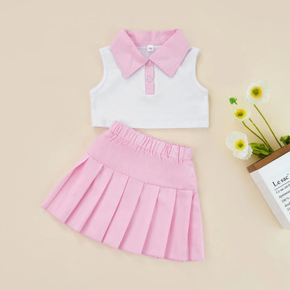 2Pcs Baby Girls Summer Outfits, Patchwork Lapel Buttons Sleeveless Tank Tops + Pleated Skirt Set for Kids, 2-7 Years