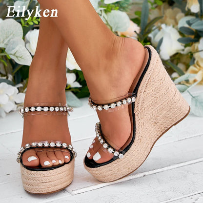 Eilyken 2025 New CRYSTAL Platform Wedges Slippers Summer Peep Toe Shoes Woman Sexy Super High Mules Female Sandals