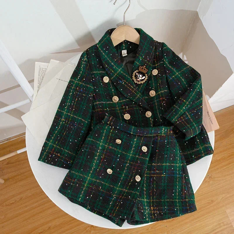 New Girl 2 Piece Tweed Set Winter Suit Clothes for 1-10Years Children's Cotton Padded Jacket Coat+Skirt Kids Classic Outfits