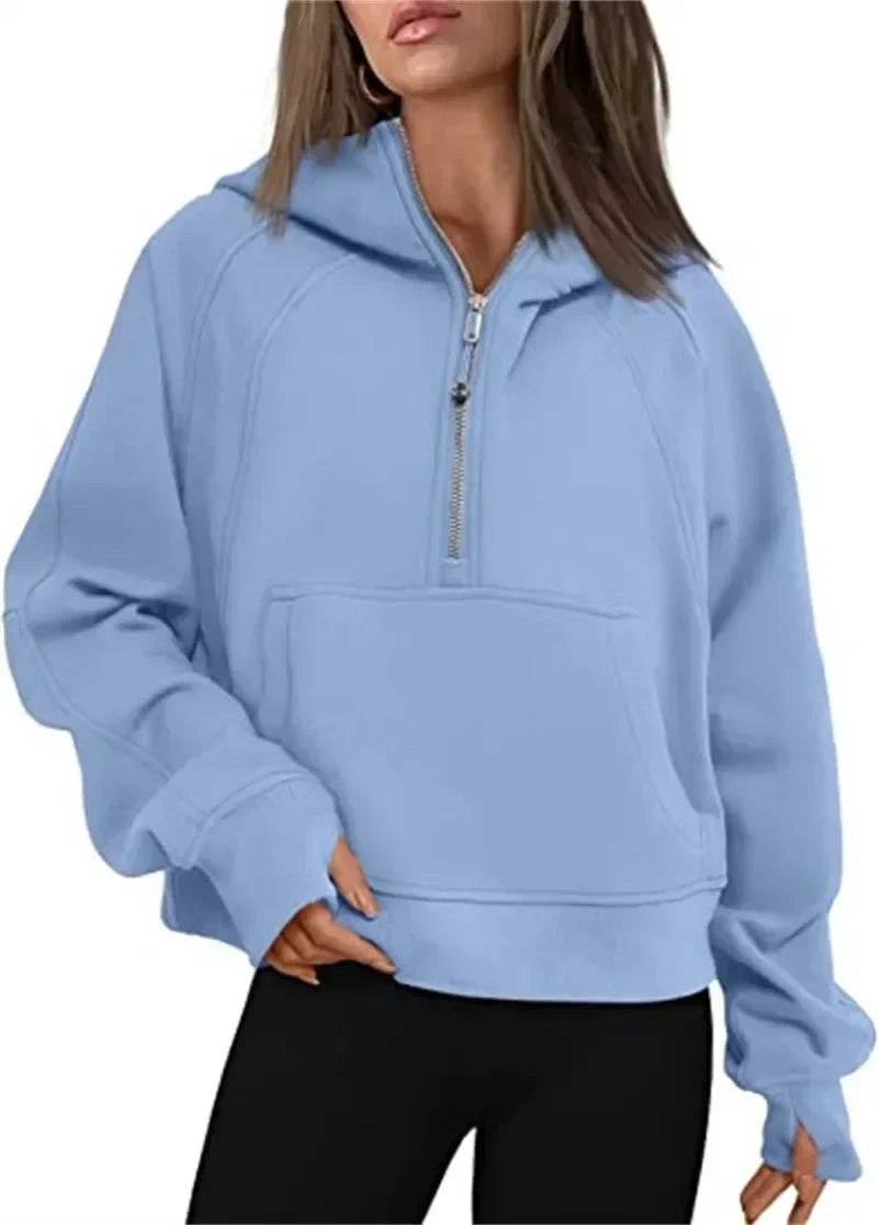 Autumn/winter Womens Sport Half Zip Hoodie Sweatshirt Loose Cropped Fleece Hoodies Women