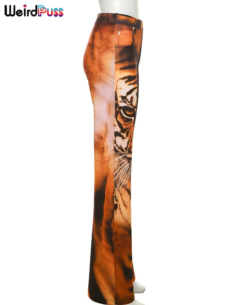 Weird Puss Tiger Print Flare Pants Women 2023 Y2K Summer Trend Skinny Elastic Wild Casual Streetwear Basic High Waist Trousers