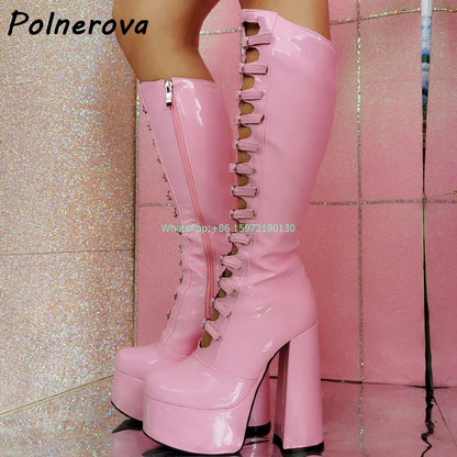 Solid Platform Boots Women's Shoes Chunky Heel Stylish Multi Buckle Straps Roman Shoes Ladies Sexy Hollow Rock Style High Boots