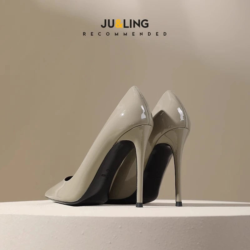 Pointed-toe High Heels Women's New Gray Temperament with Skirt Stiletto Heel Professional Commuting Patent Leather Pumps