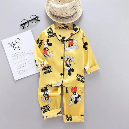 Disney Mickey Mouse Children Pajamas Suit Silk Satin Long Sleeve Top+Trousers 2Pcs Baby Boys Girls Cartoon Satin Set Nightgown