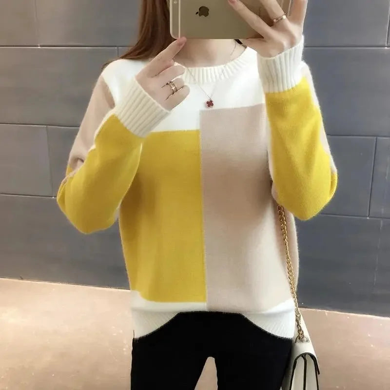 2023 New Autumn Winter Women Patchwork Knitted Warm Sweater O-Neck Long Sleeve Sweet Pullovers Loose Casual Jumper Pull