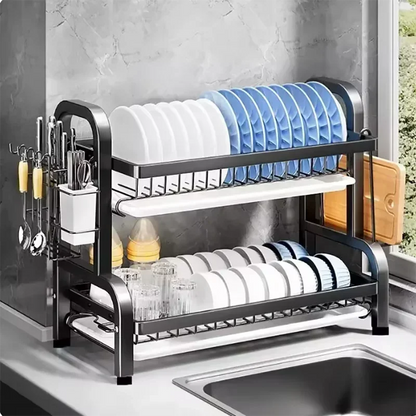 2025NEW Dish Drying Rack 2-Tier Compact Kitchen Dish Rack Drainboard Set Large Rust-Proof Dish Drainer with Utensil Holder