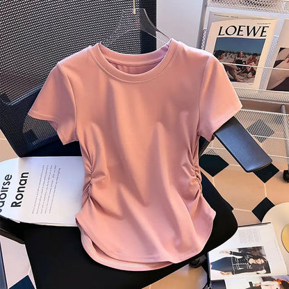 Cotton Short-sleeved T-shirt Female Summer New Round Neck Commuter Pleated Waist Thin Korean Version of The Top S-3XL