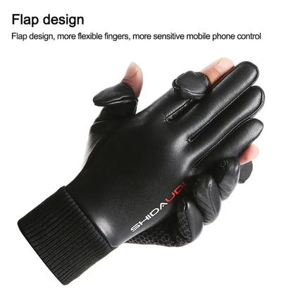 Men Leather Gloves Warm Thermal Fleece Leather Gloves Windproof Ski Snow Snowboard Touch Thick Plush Gloves Riding Gloves