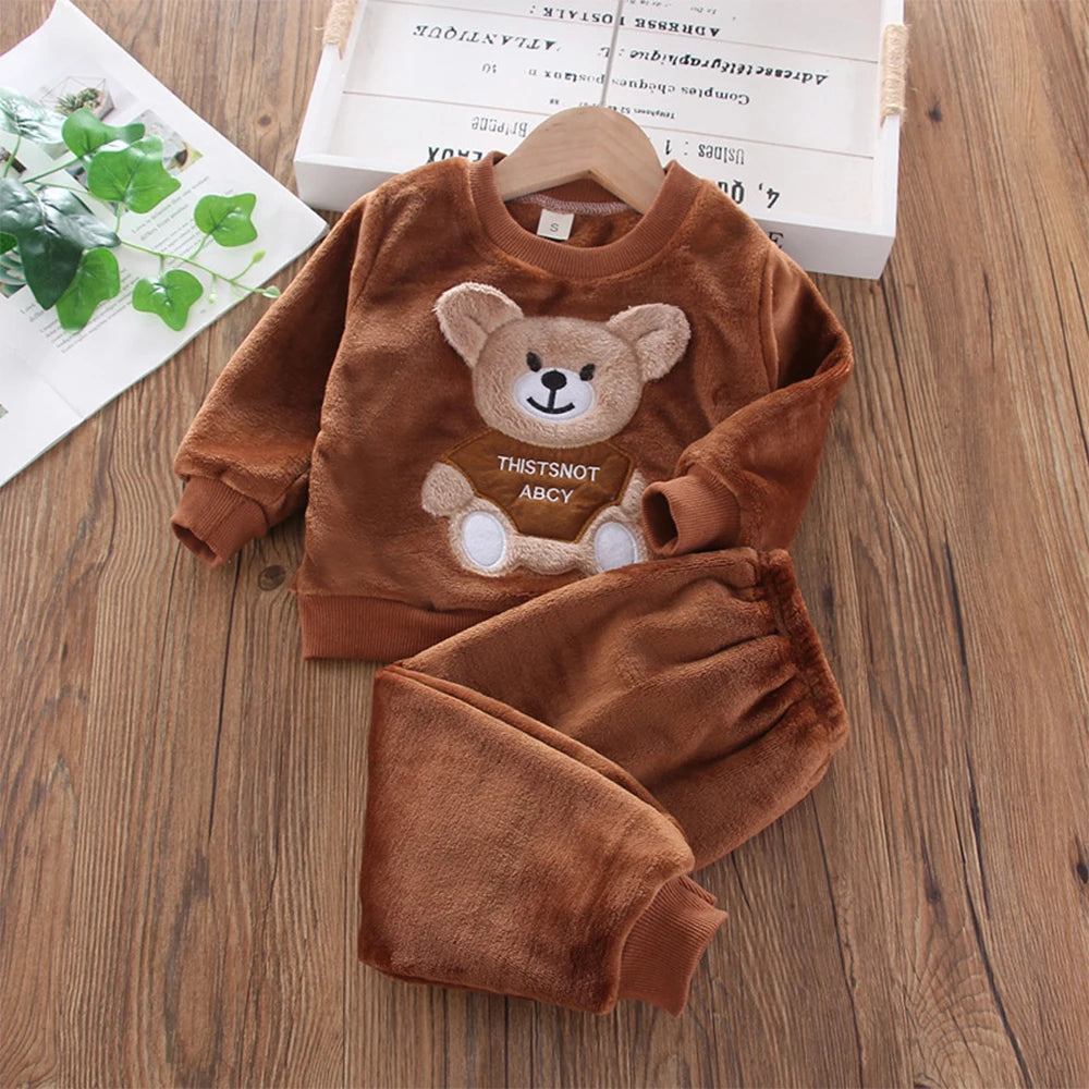 Bear Leader Girls Sets Winter Flannel Homewear Set Long-sleeved Bear Patch Cloth Hoodie Pants Autumn and Winter Warm Boy 2pc Set