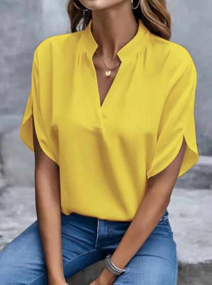 Women Elegant Solid Chiffon Blouse Spring Summer Casual Long Sleeve V Neck Yellow Office Lady White Shirt Tunics Basic Tops New