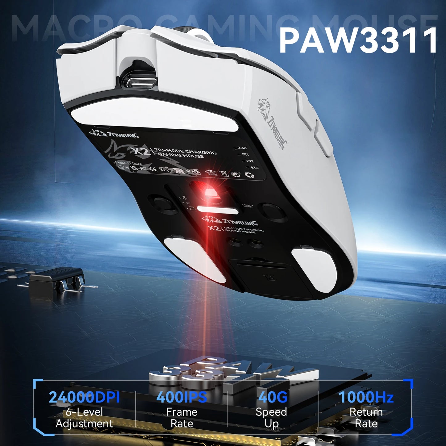 X2  wireless Mouse, 24000DPI PAW3311  2.4G/BT/Wired Ultra-light Magnetic Charging Dock  Gaming Mouse