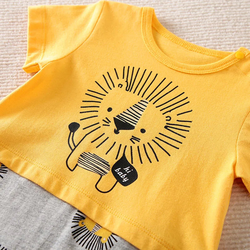 Baby Boy Girl Newborn Casual Solid Color Contrast Cute Lion Comfortable Cotton Short Sleeved Toddler Summer Jumpsuit