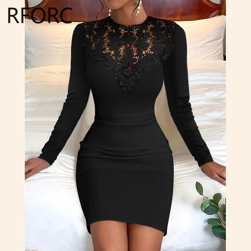 2023 Women Hook Flower Hollow Solid Round Neck Long Sleeves Basic Mini Dress