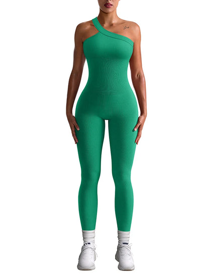 New Autumn Women Ribbed One Shoulder Jumpsuit Hip Lifting One Piece Yoga Seamless Bodycon