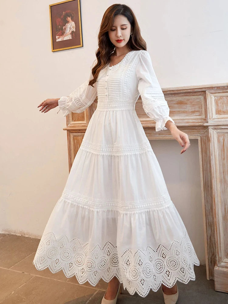 GypsyLady White Elegant Chic Maxi Dresse Tiered Lace Summer Women Dress Hollow Out Holiday Sexy Casual Ladies Dress Vestido