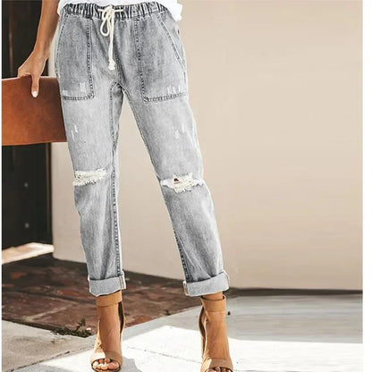 New 2022 Summer Sexy temperament European and American denim straight leg pants with elastic oversized women's jeans ripped