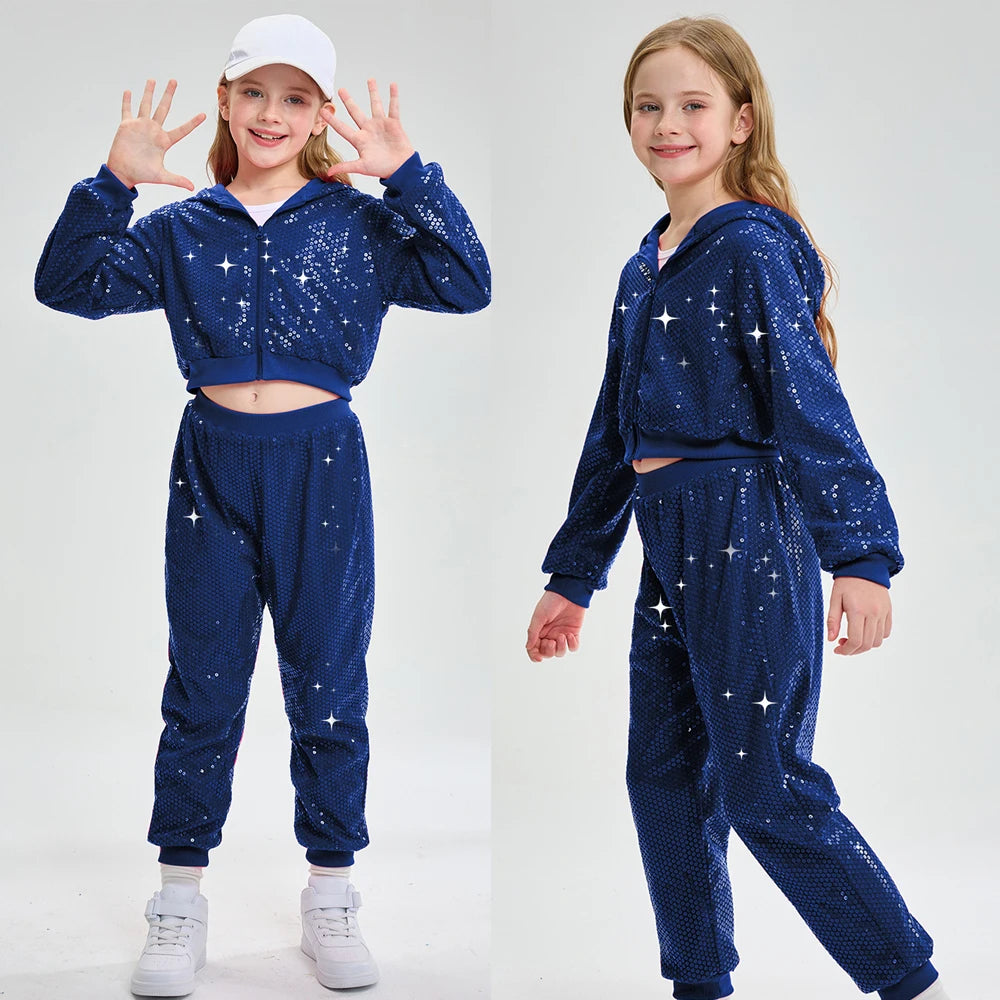 LOlanta 2Pcs Girls Sequin Hooded Jacket & Pants Set Kids Hip Hop Dance Clothing Theme Party Outfits for 5-12 Years