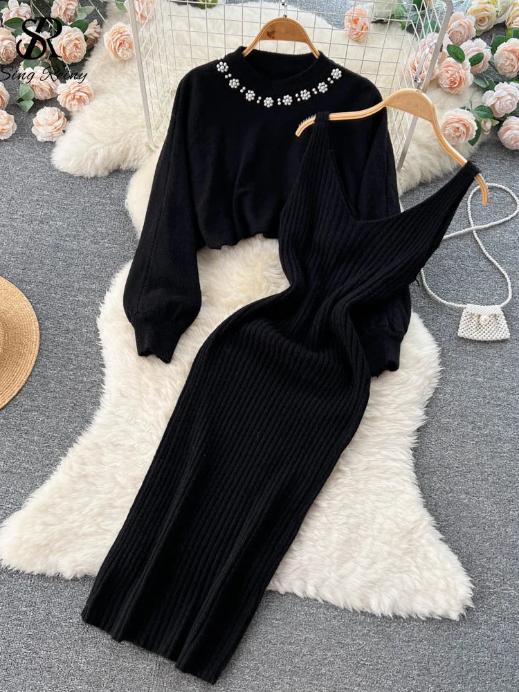 SINGREINY Winter Women Knitted Sets Fashion Breading Long Sleeve Pearl Sweater+Knitted Camis Dress Sets Fashion Sweater Suits