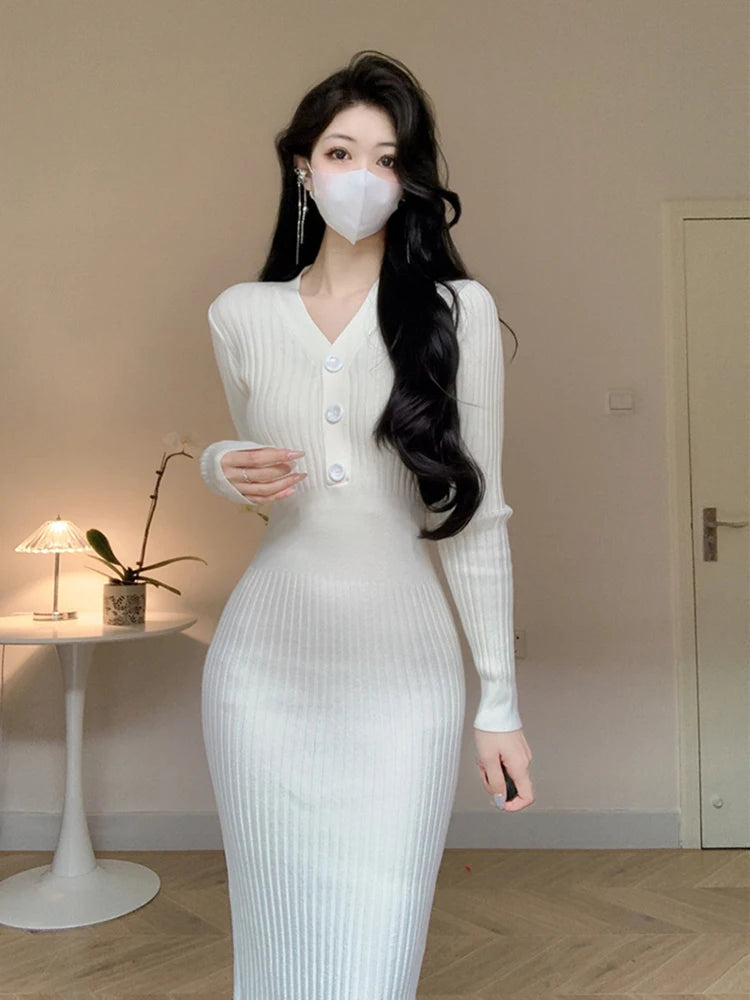 Vintage Knitted Sweater Long Sleeve Midi Dresses for Women Slim Korean Elegant Green Button V Neck Bodycon Dress Autumn 2023 New