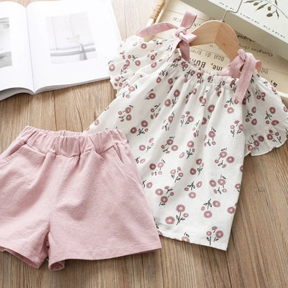 Casual Girls Clothing Sets Summer Kids Clothing Sets Sleeveless Floral T-shirt Shorts Pants 2Pcs Suit Bow Children Girl Suit