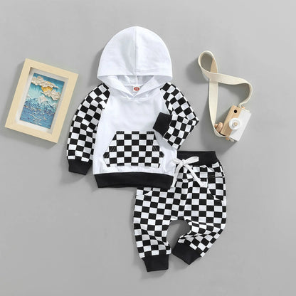 Citgeett Autumn Kids Girl Boys Outfit Set Plaid Long Sleeve Hoodie Pockets Elastic Waist Pants Spring Clothes